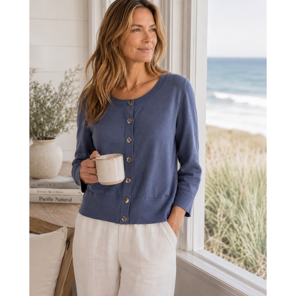 J. Jill Cardigan Sweater Women S Blue Cotton Stretch Button Front Ribbed‎